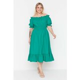 Trendyol ženska haljina Curve Green Waist Pleated Carmen Collar Woven Cene
