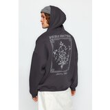 Trendyol Anthracite Men's Oversize Hooded Fluffy Floral Print Fleece Inner Sweatshirt. Cene