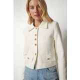 Happiness İstanbul Women's Cream Stylish Button Detailed Tweed Crop Jacket Cene