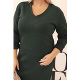 Kesi Włoski Plus Size women's dress in butter color with a V-neck and sleeves dark green | ePonuda.com