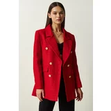 Happiness İstanbul Women's Red Buttoned Blazer Tweed Jacket