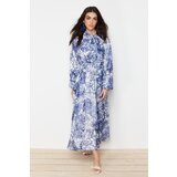Trendyol Blue Floral Pattern Lined Long Chiffon Dress Cene