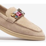 Resti Eco suede light brown women's moccasins with decorative crystals Nellens- Footwear | Shoptok.si