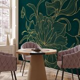  Foto tapeta - Green boudoir - linear drawing of a flower in golden colours on a dark background 200x140 | shoptok.hr