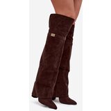 Boto Insulated boots with rolled top Over the knee block heel chocolate Serelle | Shoptok.si
