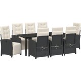 vidaXL set za objedovanje od 9 komada s jastučićima crni poliratanski, vrtni stol crni 200x80x73 cm od kaljenog stakla | shoptok.hr