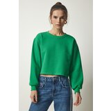  Women's Green Crew Neck Raised Crop Knitted Sweatshirt | Shoptok.si
