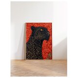 Wallxpert uramljena slika 115274, crni leopard na crvenoj pozadini, 50 x 70 cm, ram u boji prirodnog drveta | Eponuda.com