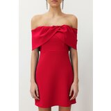 Trendyol Red Carmen Collar Woven Elegant Evening Dress | Shoptok.si
