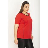 Şans Women's Plus Size Red Collar And Tapered Short Sleeve Blouse Cene