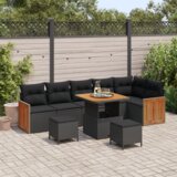 vidaXL 9-delni vrtni kavč s blazinami črnega poli ratana in akacije | Shoptok.si