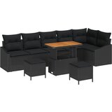 vidaXL 9-delni set vrtne garniture z blazinami Črna poli ratan akacija, dvosedežna vrtna sofa z odprtjem za shranjevanje in blazinami Črna poli ratan, 3-delni set vrtne jedilne garniture z blazinami Črna poli ratan akacija | Shoptok.si