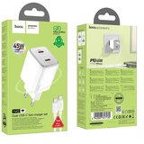 hoco. zidni punjač 2 x Type-C + kabel Type-C do Type-C PD QC 45W GaN N42 bijeli | shoptok.hr