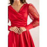 Lafaba Women's Red Double Breasted Collar Glitter Midi Satin Evening Dress | Eponuda.ba