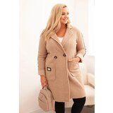 Kesi Włoski Plus Size women's coat made of faux sheepskin with pockets dark beige Cene
