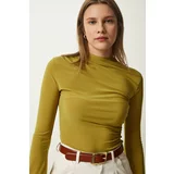 Happiness İstanbul Women's Oil Green Gather Detailed High Collar Sandy Blouse