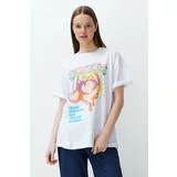 Trendyol White*001 100% Cotton Printed Boyfriend Fit Crew Neck Knitted T-Shirt