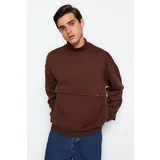 Trendyol Limited Edition Men's Brown Oversized/Wide-Cut Stand-Up Collar Loose Fleece Sweatshirt with Label.