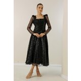 By Saygı Square Neck Long Sleeve Lined Sequined Beaded Dress | Shoptok.si