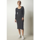 Happiness İstanbul Women's Black Striped Slit Wrap Knitted Dress Cene