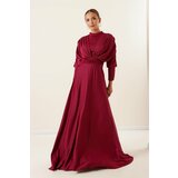 By Saygı Front Back Pleated Sleeves Button Detailed Lined Long Satin Dress Fuchsia. Cene