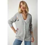 Happiness İstanbul Women's Gray Floral Embroidered Textured Knitwear Cardigan Cene