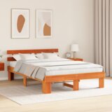 vidaXL Posteljni okvir s hrbtom Rjava 140x200 cm Trden borov les | Shoptok.si