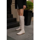 Madamra Beige Women's Stone Detailed Long Leather Women's Boots.