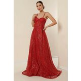 By Saygı Rope Straps Bead Detailed Lined Sequins And Glitter Underwire Long Dress Red Cene