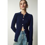 Happiness İstanbul Women's Navy Blue Polo Collar Knitted Sweater Cardigan Cene