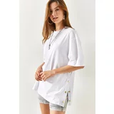 Olalook Women's White Cotton T-Shirt with Gold Buttons at the Sides