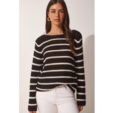  Women's Black Striped Openwork Knitwear Sweater | Eponuda.ba