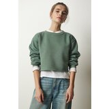  Women's Almond Green Crew Neck Raised Crop Knitted Sweatshirt Cijene