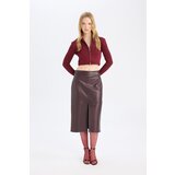 Defacto High Waist Combed Cotton Lined Slit Midi Faux Leather Burgundy Pencil Skirt | ePonuda.com