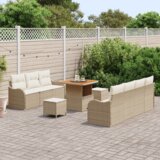  10-delni vrtni kavč set z blazinami bež poli ratan acacia | Shoptok.si