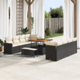 vidaXL 11-delni vrtni kavčni set z blazinami črn poli ratan akacija | Shoptok.si