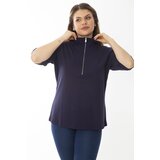 Şans Women's Plus Size Navy Blue Paw Zipper Short Sleeve Sweatshirt cene