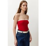 Trendyol Red Ribbed Strapless Collar Woven Garnish Fitted Cotton Crop Knitted Blouse Cene