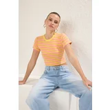 Trendyol Premium Pink-Orange Striped Viscose/Soft Fabric Crop Crew Neck Flexible Knitted Blouse