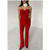 Laluvia Red Strapless Blouse Cuff Detailed Trousers Set Cene