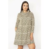Şans Women's Plus Size Mink Collar And Front Detail Elastic Gathered Pocket In The Middle Back Dress Cene
