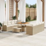 vidaXL 11-dijelni vrtni sofa set s jastučićima bež poli ratan akacija, 2-sjedalna vrtna sofa s pohranom i jastučićima bež poli ratan, 3-dijelni vrtni set za objedovanje s jastučićima bež poli ratan akacija | shoptok.hr