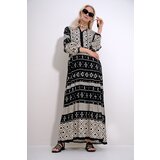 Trend Alaçatı Stili Women's Ecru-Black Collar Tassel Detailed Layered Flounced Ethnic Patterned Woven Viscose Dress | Shoptok.si