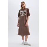 Defacto Crew Neck Printed Combed Cotton Short Sleeve Midi Dress Cene