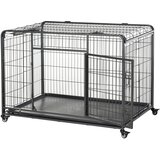 PawHut kletka za pse zložljiva z dvojnimi vrati z zaklepanjem, 4 kolesi z zavorami in odstranljivim podom, 125x76x81cm, (20756746) | Shoptok.si
