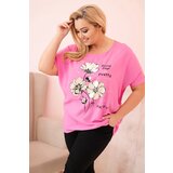 Kesi Włoski Plus Size women's blouse made of viscose with floral print and inscription pink | Shoptok.si