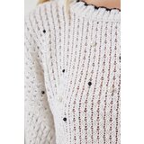  Women's Cream Pearls Openwork Seasonal Crop Knitwear Sweater | Shoptok.si