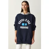 Happiness İstanbul Women's Navy Blue Hooded Rose Gold Printed Sweatshirt