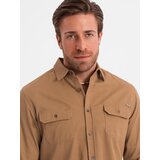 Ombre Men's REGULAR FIT cotton shirt with buttoned pockets - camel | Shoptok.si