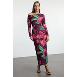 Trendyol Multicolored Floral Fitted Gather/Drape Detail Maxi Knit Dress